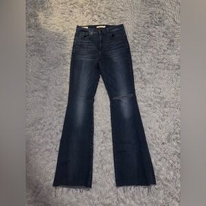 Levi's 726 High Rise Flare Jeans Women's Size 29 Dark Wash Stretch Raw Hem Blue